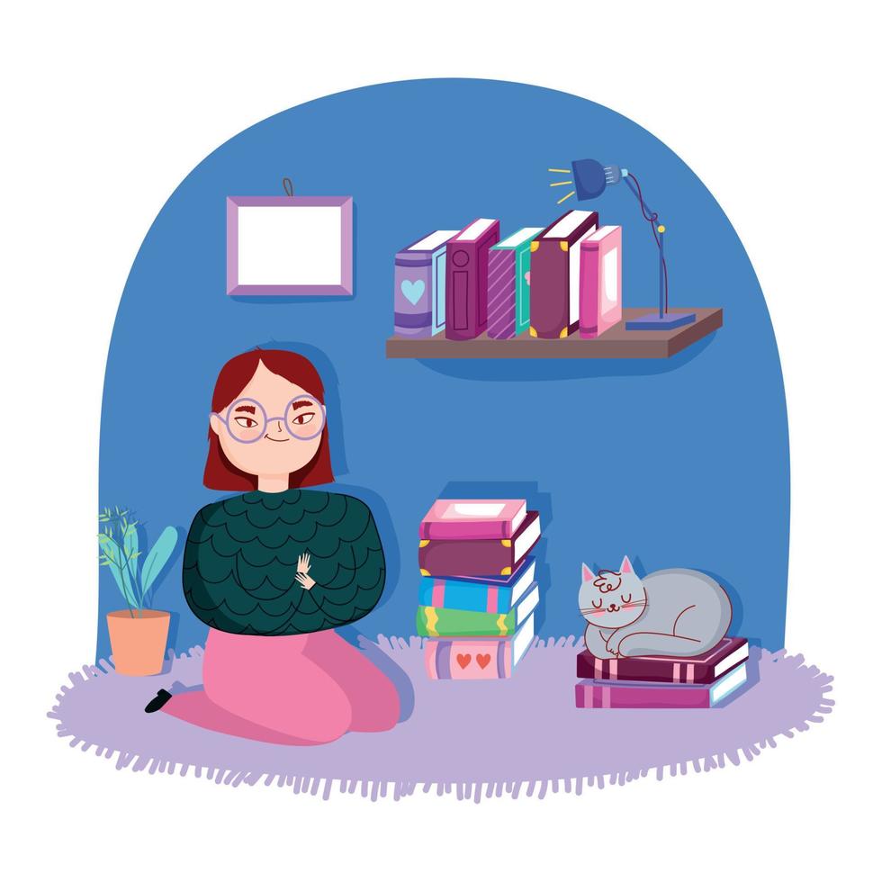 libro giorno, adolescente ragazza con gatto e libri nel il camera vettore