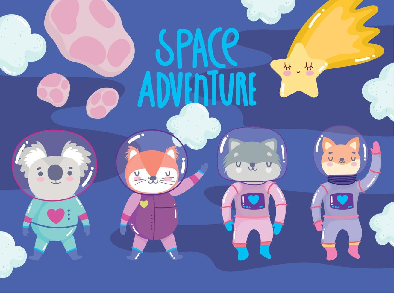spazio avventura carino Volpe gatto procione gatto con astronauta completo da uomo cartone animato vettore