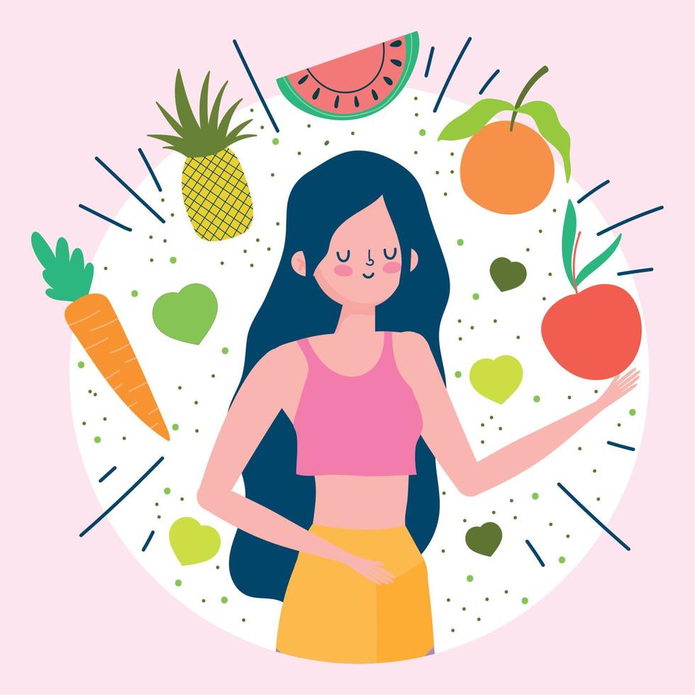 giovane donna con frutta e verdure salutare vita vettore
