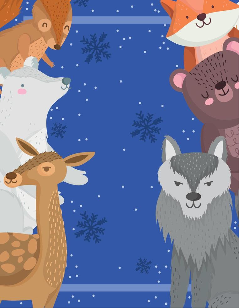 Natale lupo orso renna Volpe e scoiattolo animale inverno i fiocchi di neve vettore