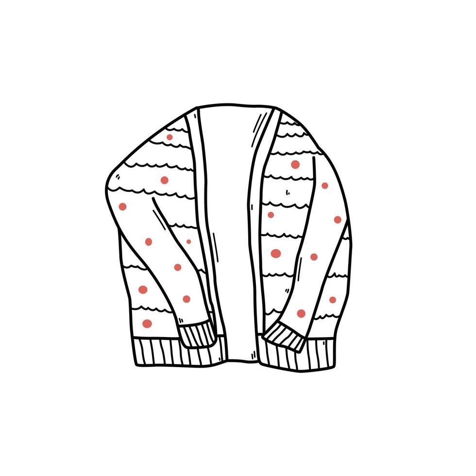 mano disegnato cardigan scarabocchio stile, vettore illustrazione isolato su bianca sfondo. caldo Abiti, nero schema design elemento, ornamento con colorato puntini