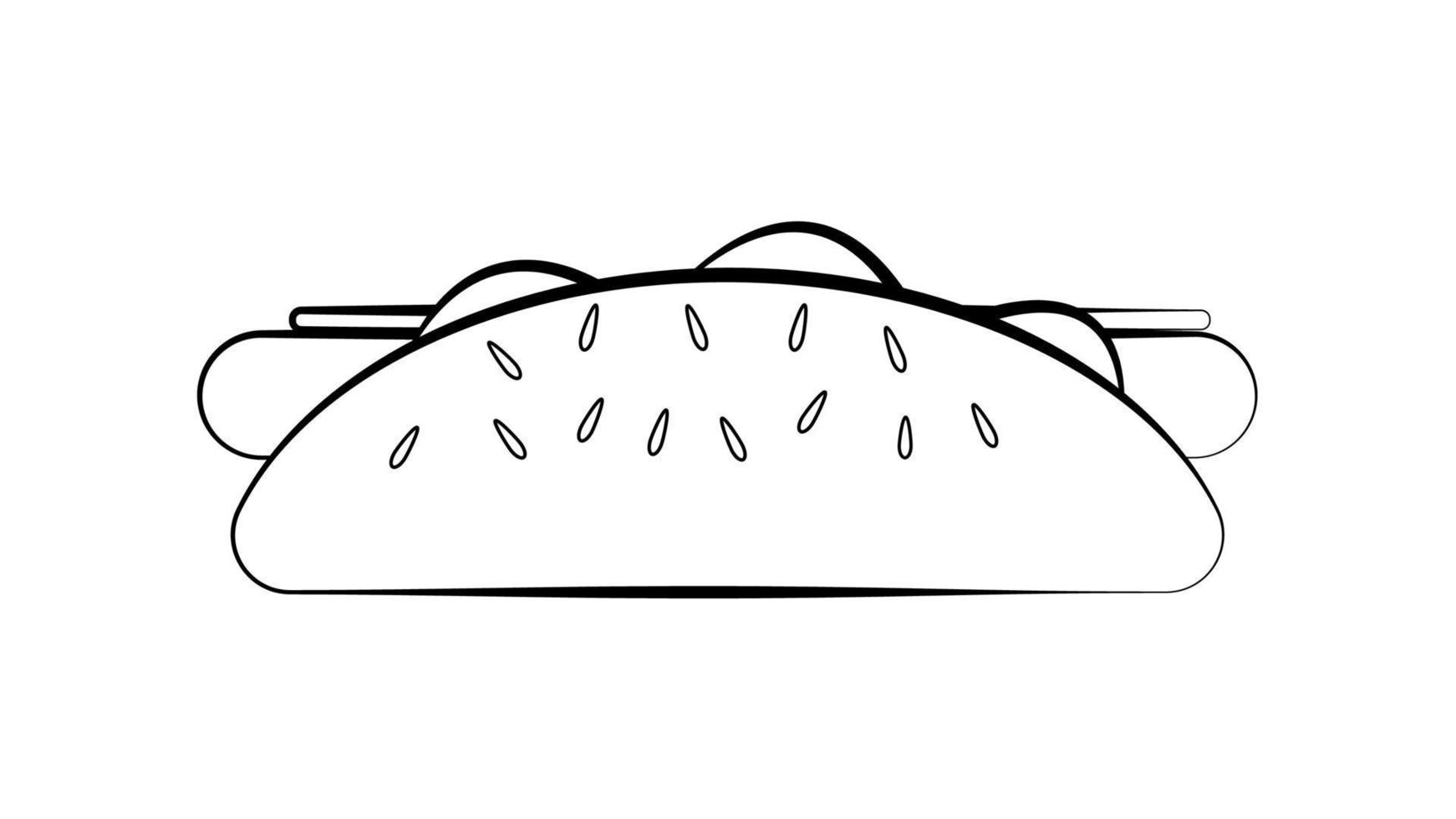 Sandwich con salsiccia su bianca sfondo, caldo cane, vettore illustrazione. Sandwich, sostanzioso merenda, veloce cibo cibo. ciambella con erbe aromatiche, mostarda e carne. nero e bianca illustrazione