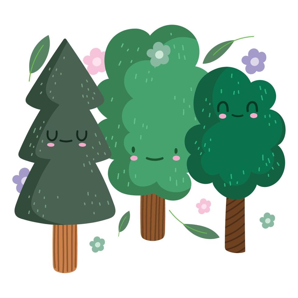 campeggio foresta alberi fiori e foglia natura nel cartone animato stile design vettore