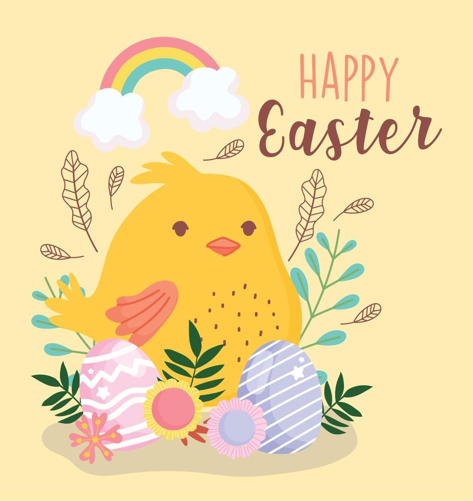 felice Pasqua uova di gallina e fiori decorazione arcobaleno vettore