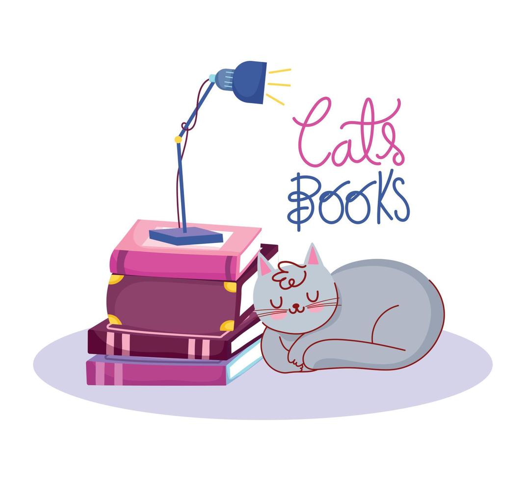 libro giorno, addormentato gatto lampada su libri vettore