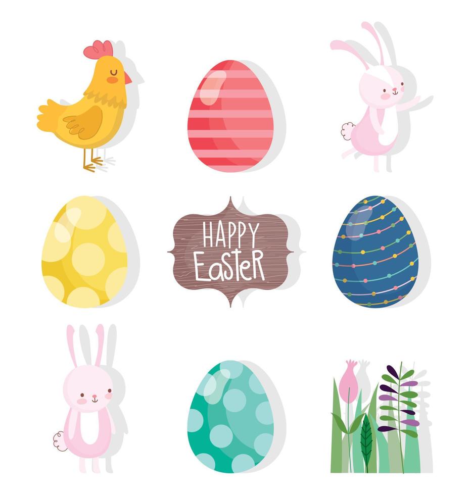 contento Pasqua carino conigli gallina uova fiore le foglie icone vettore