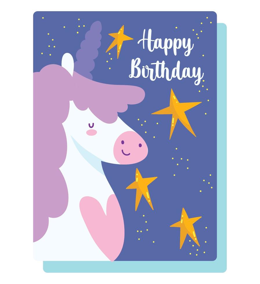 contento compleanno, carino unicorno stelle cartone animato celebrazione decorazione carta vettore