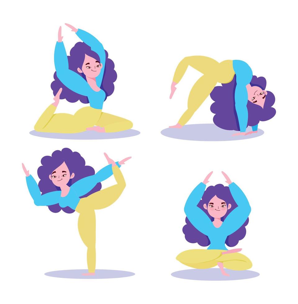 in linea yoga, donna figure fare yoga esercizi cartone animato vettore
