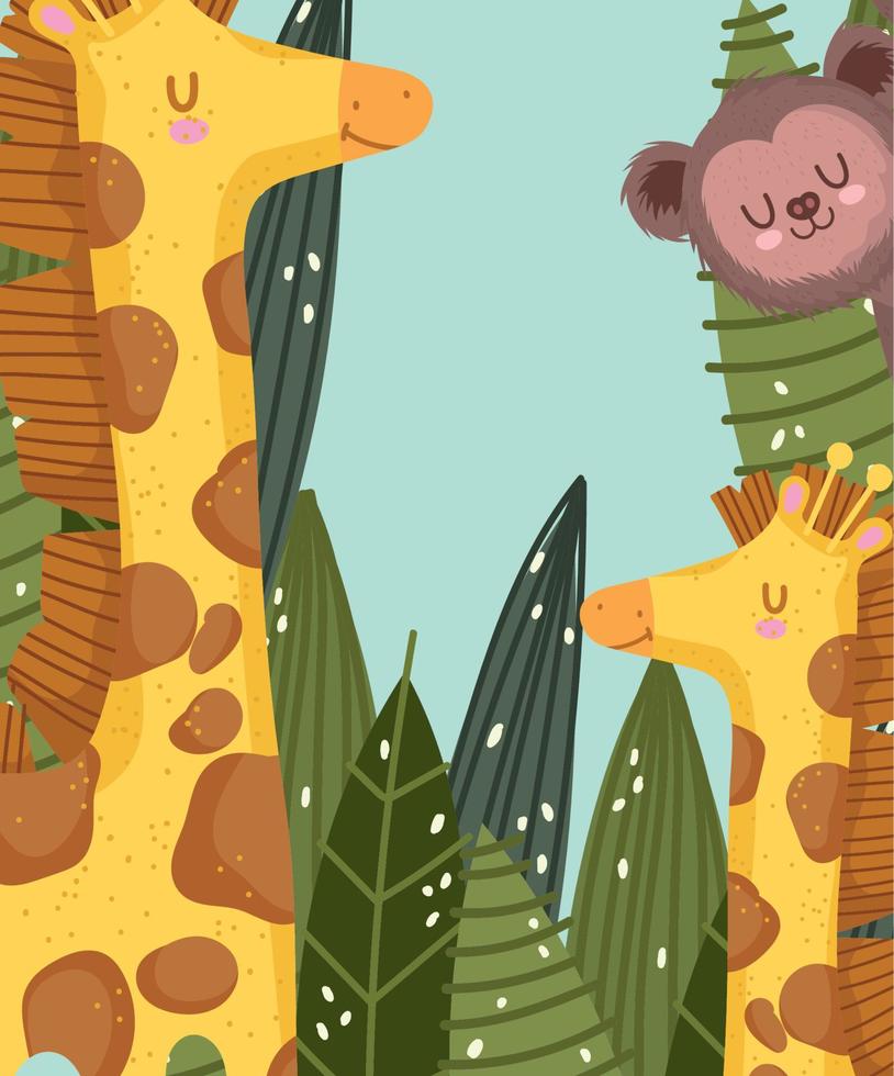 carino famiglia giraffe e scimmia giungla safari vegetazione cartone animato vettore