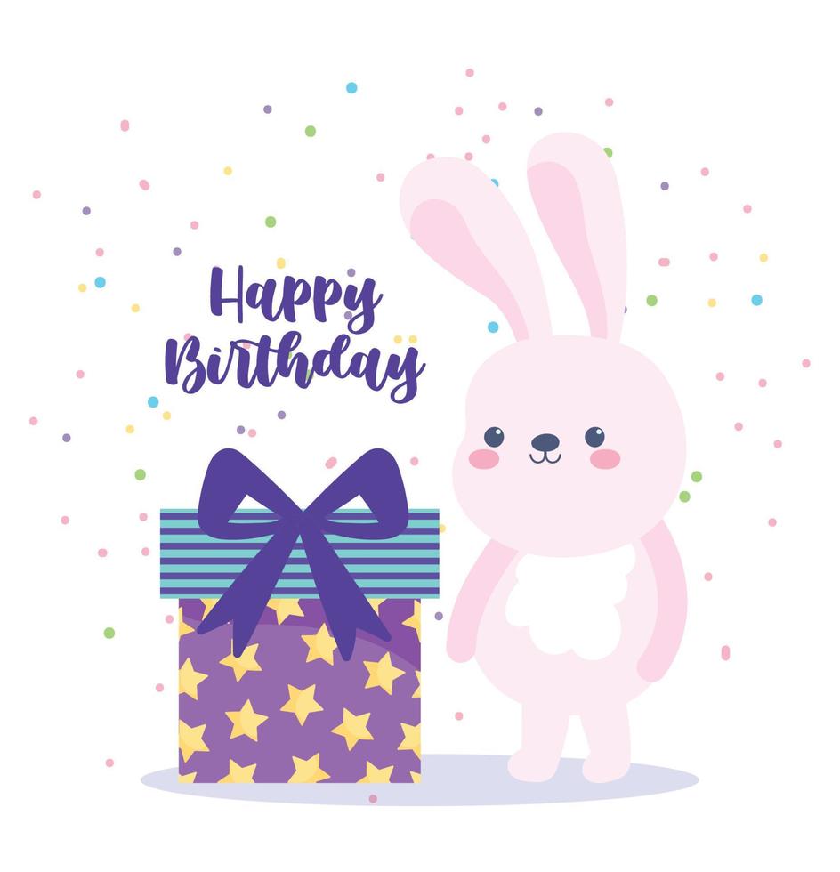 contento compleanno, carino coniglio e regalo scatola sorpresa cartone animato celebrazione decorazione carta vettore