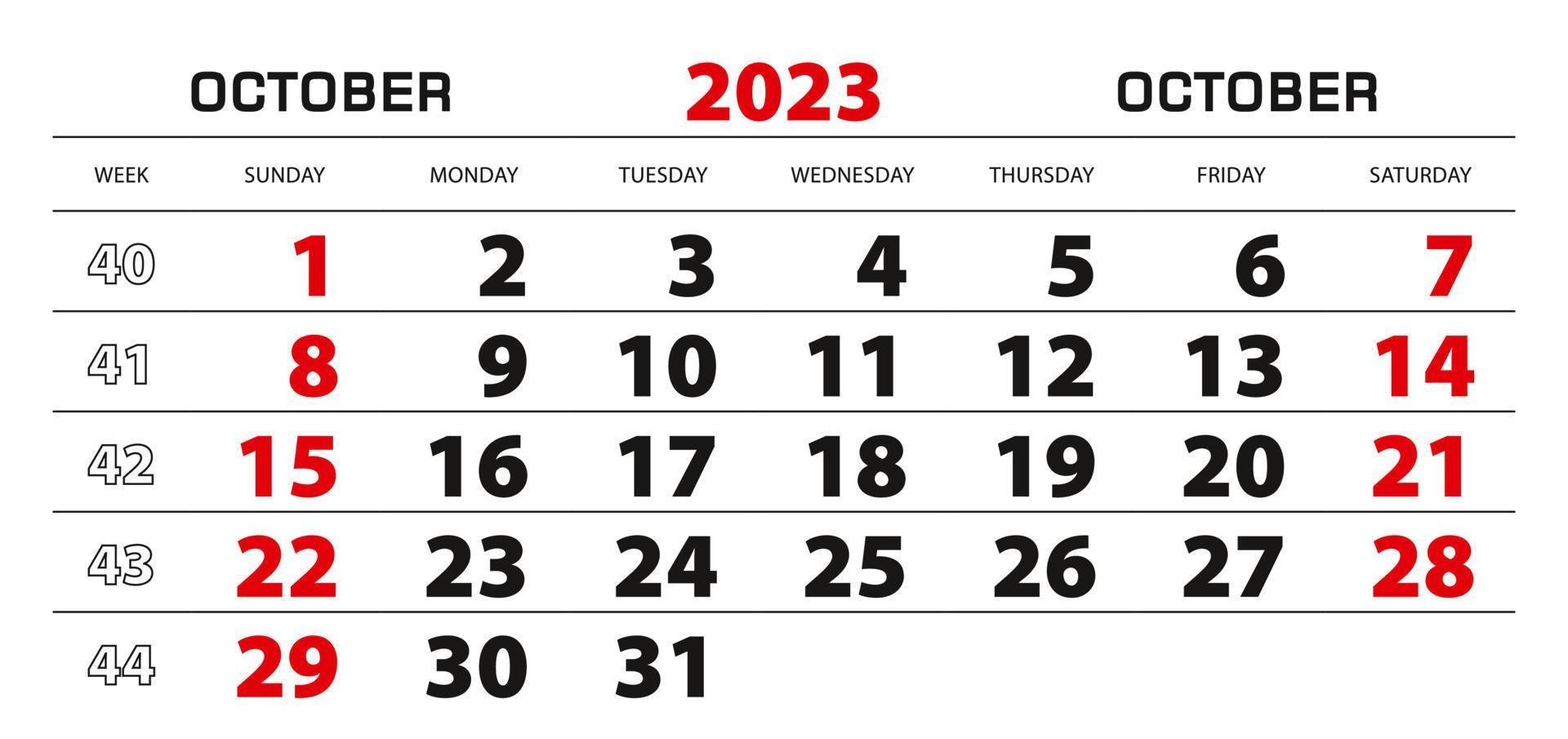 parete calendario 2023 per ottobre, settimana inizio a partire dal domenica. vettore