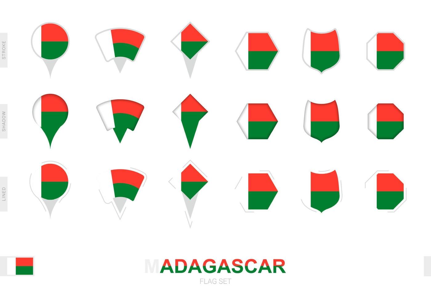 collezione di il Madagascar bandiera nel diverso forme e con tre diverso effetti. vettore