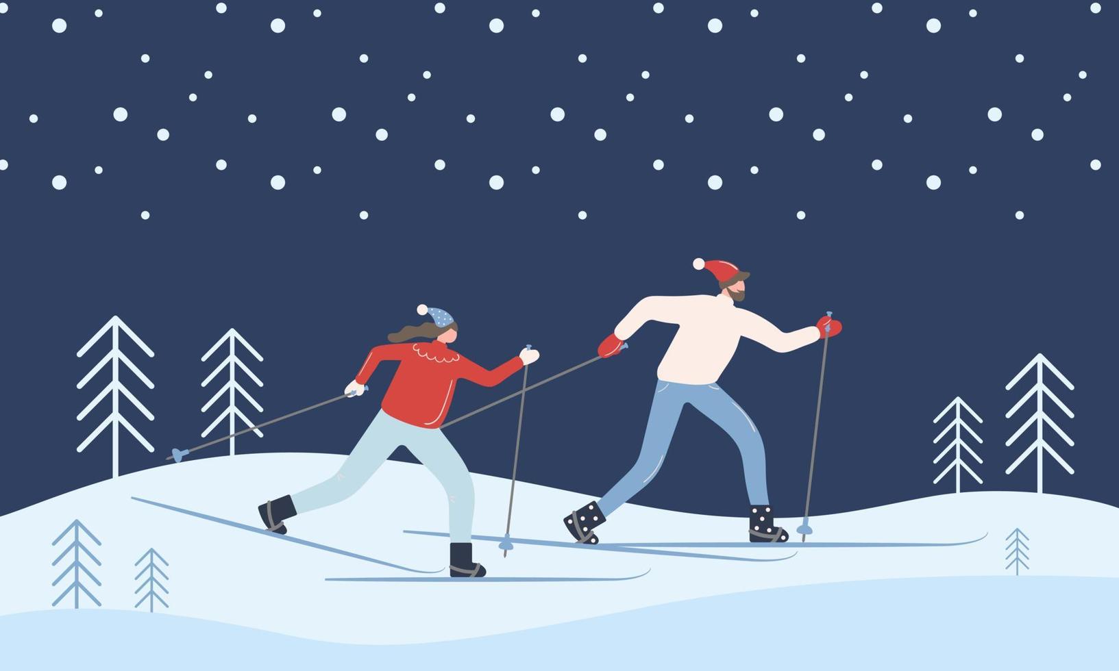 un' uomo e un' donna partire sci di fondo sciare nel il boschi. vettore illustrazione