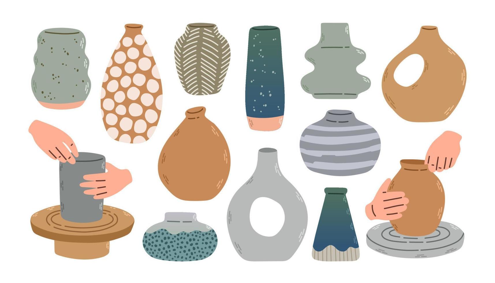 vario ceramica vasi. diverso forme. ceramica officina, ceramica ruota. mano disegnato vettore impostare. di moda illustrazione.