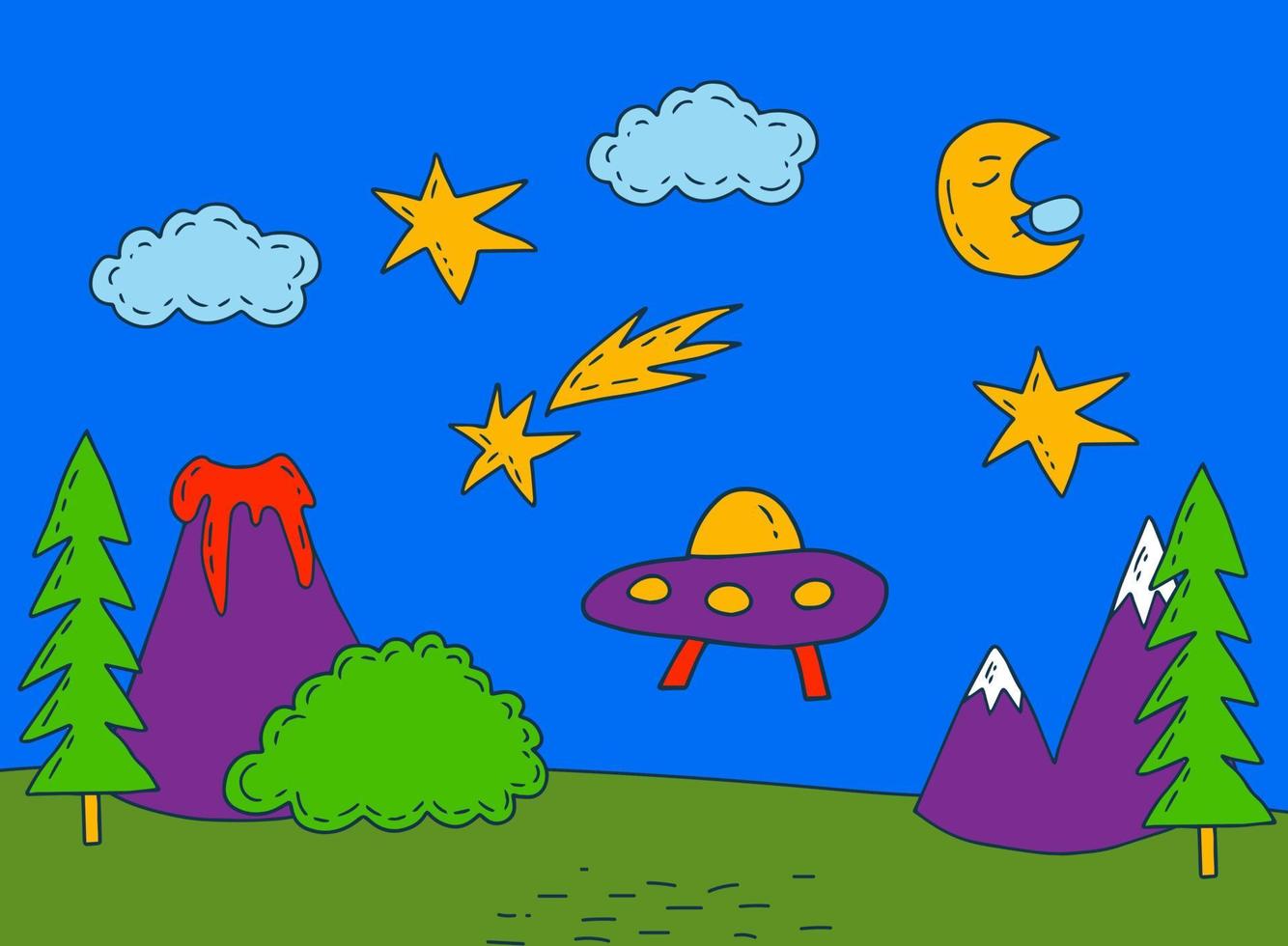 Groovy paesaggio con ufo vettore