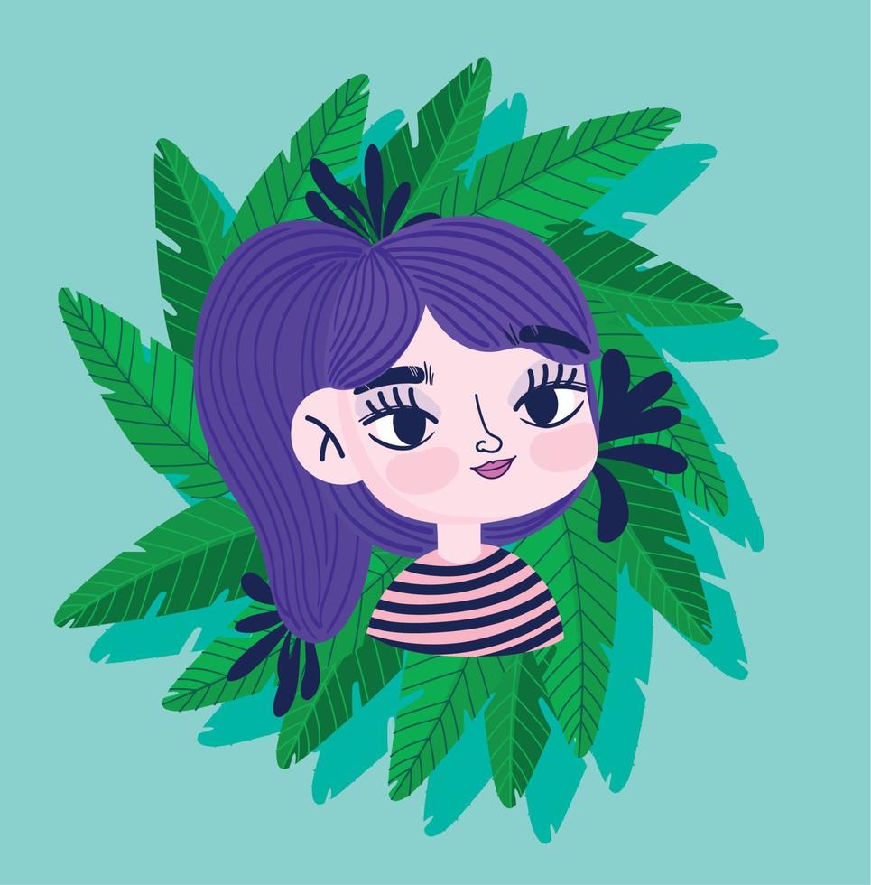 ritratto ragazza cartone animato tropicale le foglie botanica vettore