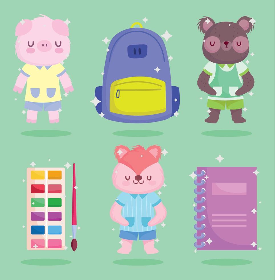indietro per scuola, carino maiale orso con uniforme libro e tavolozza colore icone cartone animato vettore