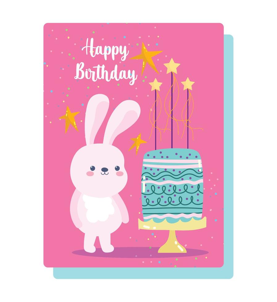 contento compleanno, carino coniglietto con torta e candele cartone animato celebrazione decorazione carta vettore