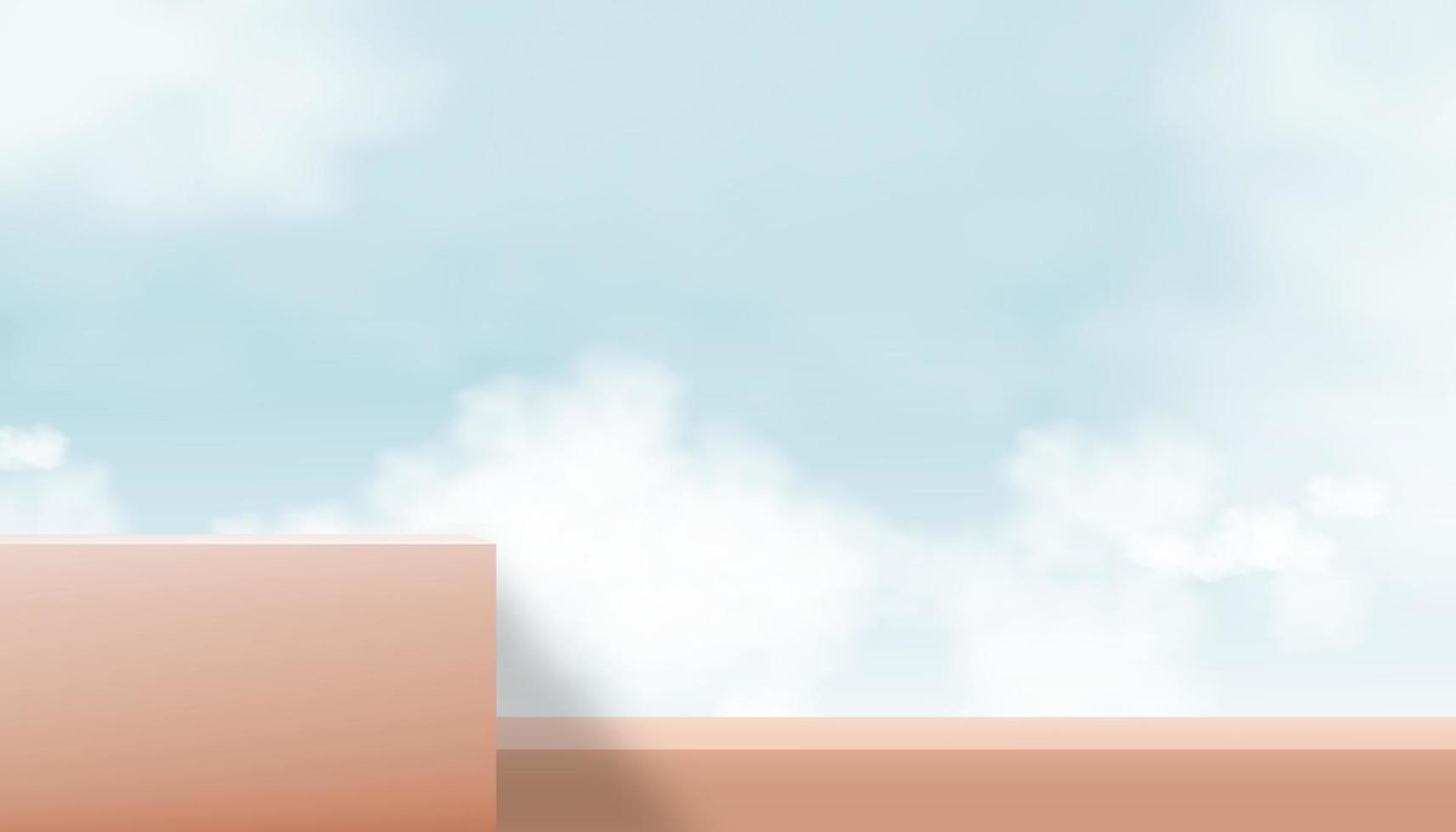 cielo e nuvole con 3d podio passo geometrico piattaforma, vettore beige Schermo In piedi vetrina o scala passo modello su al di sopra di blu cielo, nuvoloso sfondo, design scena per molla, estate cosmetico prodotti
