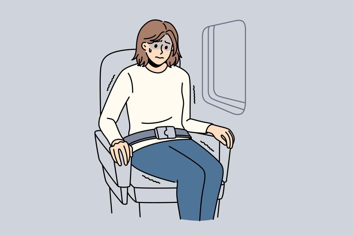 aerofobia e essere impaurito di voli concetto. giovane stressato donna cartone animato personaggio seduta nel aereo vicino finestra sensazione shock vettore illustrazione
