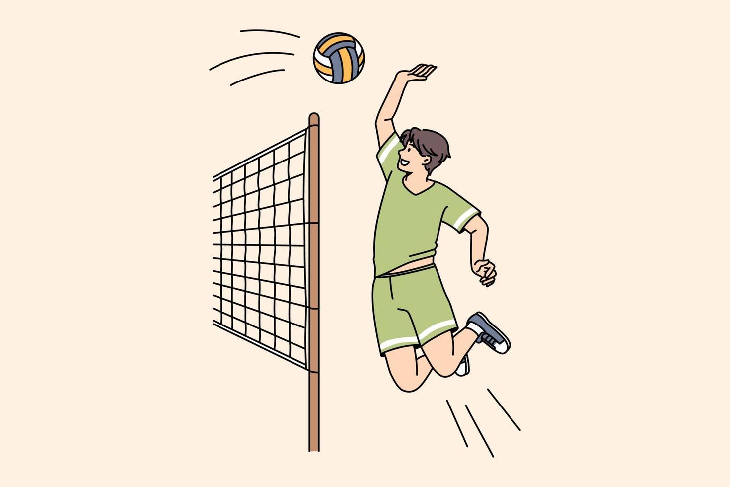 giovane sportivo uomo nel abbigliamento sportivo giocare pallavolo gettare palla al di sopra di rete. tipo giocatore impegnato nel gioco attività Seguire salutare stile di vita. sport, atleta concetto. vettore illustrazione, cartone animato carattere.