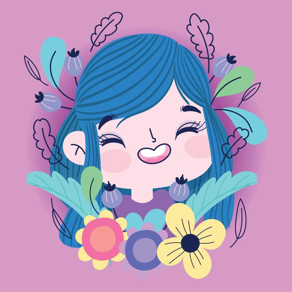 sorridente ragazza fiori le foglie botanico floreale decorazione vettore