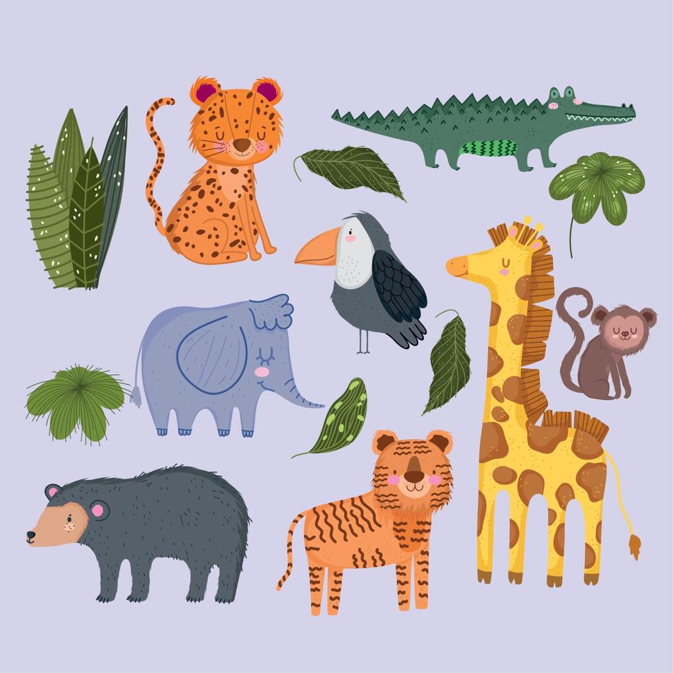 selvaggio animali safari carino leopardo elefante giraffa scimmia orso scimmia le foglie fogliame vettore