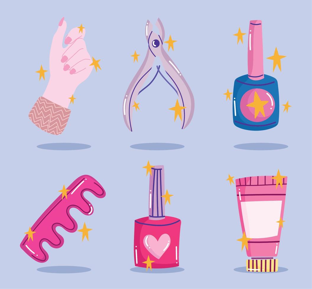 manicure icone impostare, utensili chiodo polacco dito separatore crema e cuticola trimmer cartone animato stile design vettore