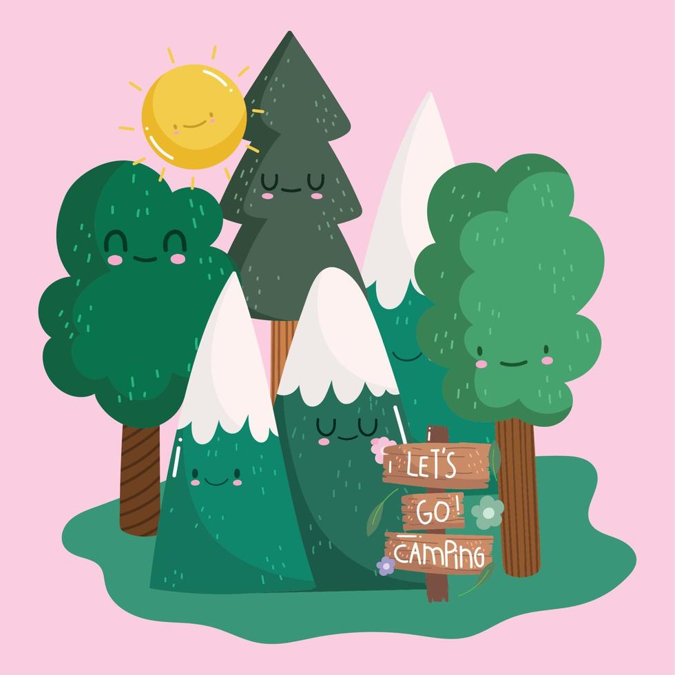 campeggio nevoso montagne foresta alberi e guida cartello tavola nel cartone animato stile design vettore