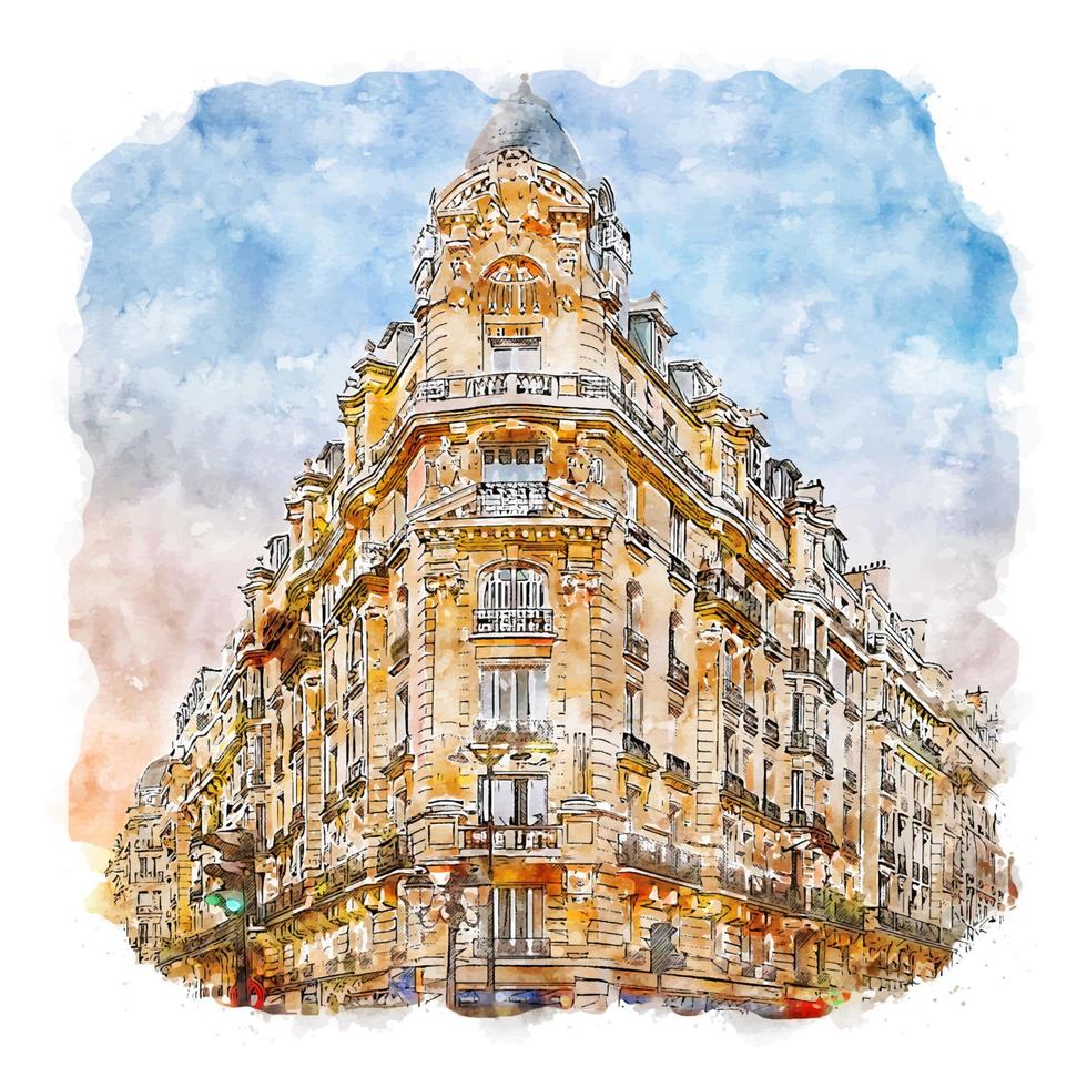 illustrazione disegnata a mano di schizzo dell'acquerello di parigi francia vettore