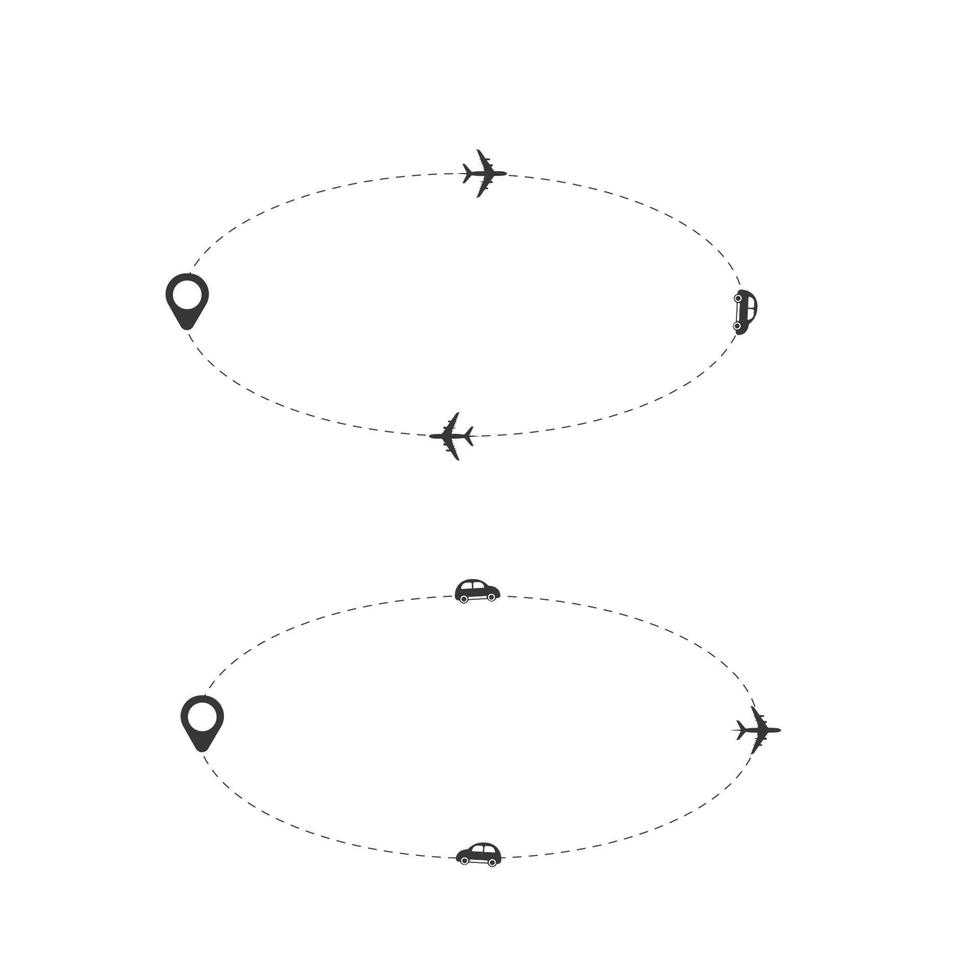 impostato di tratteggiata linea aereo, macchina, camion e bicicletta itinerario con Posizione icona piatto design vettore