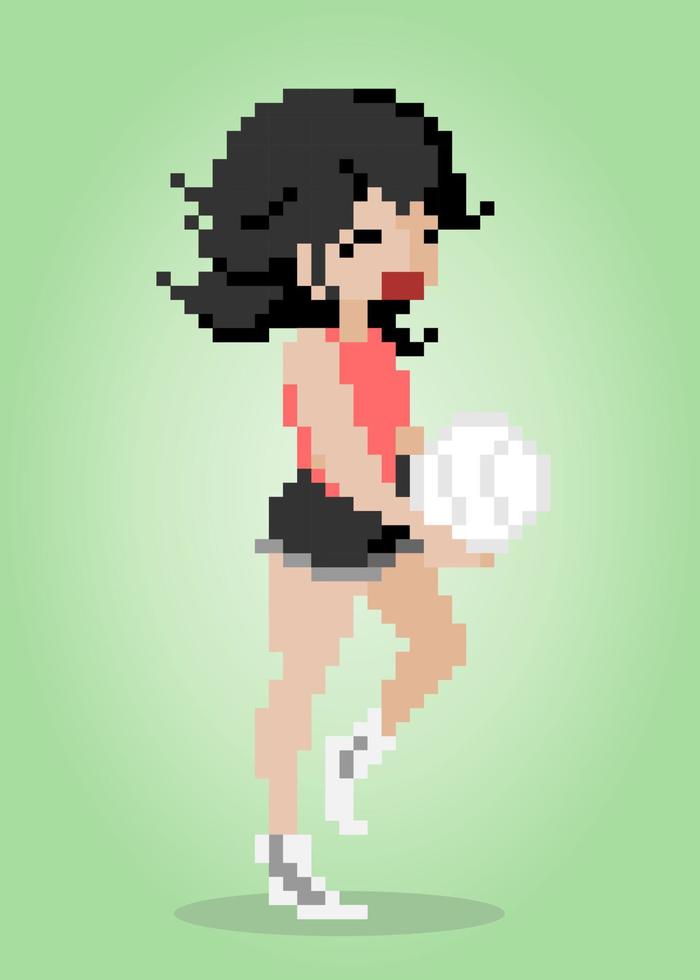 Personaggio femminile a 8 bit. pixel beach volley in illustrazioni vettoriali per risorse di gioco o schemi a punto croce.