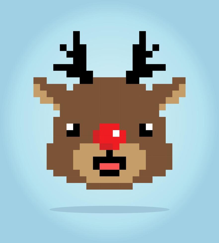 Cervo a 8 bit con naso rosso. animali per giochi di risorse nelle illustrazioni vettoriali. schema punto croce. vettore
