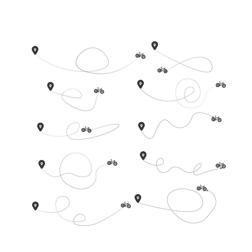 impostato di tratteggiata linea aereo, macchina, camion e bicicletta itinerario con Posizione icona piatto design vettore