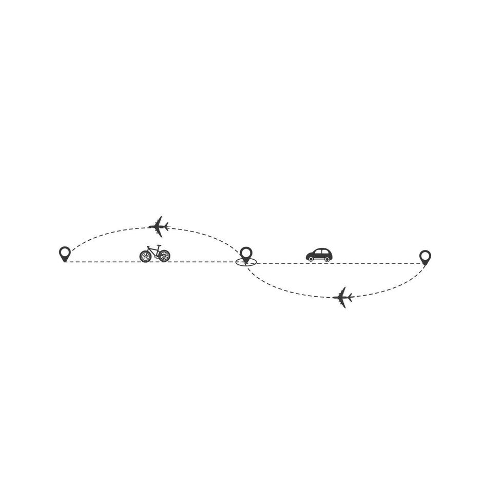 impostato di tratteggiata linea aereo, macchina, camion e bicicletta itinerario con Posizione icona piatto design vettore