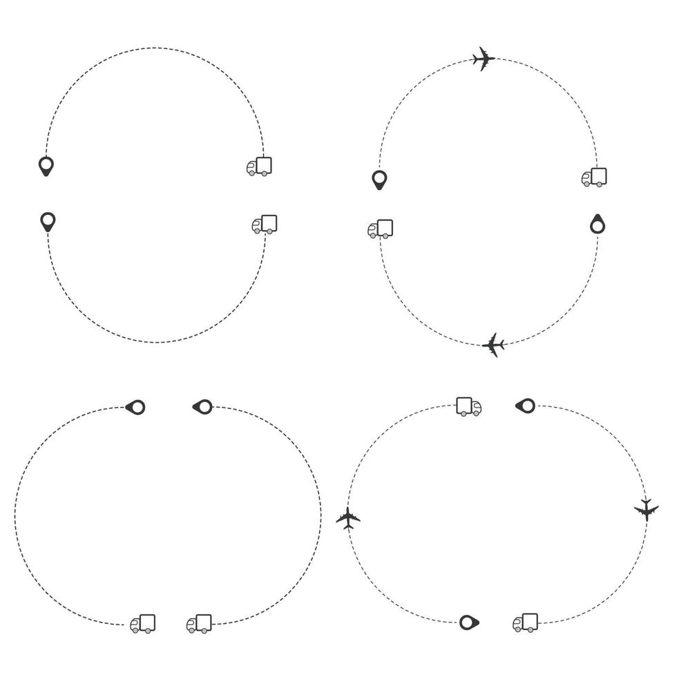 impostato di tratteggiata linea aereo, macchina, camion e bicicletta itinerario con Posizione icona piatto design vettore