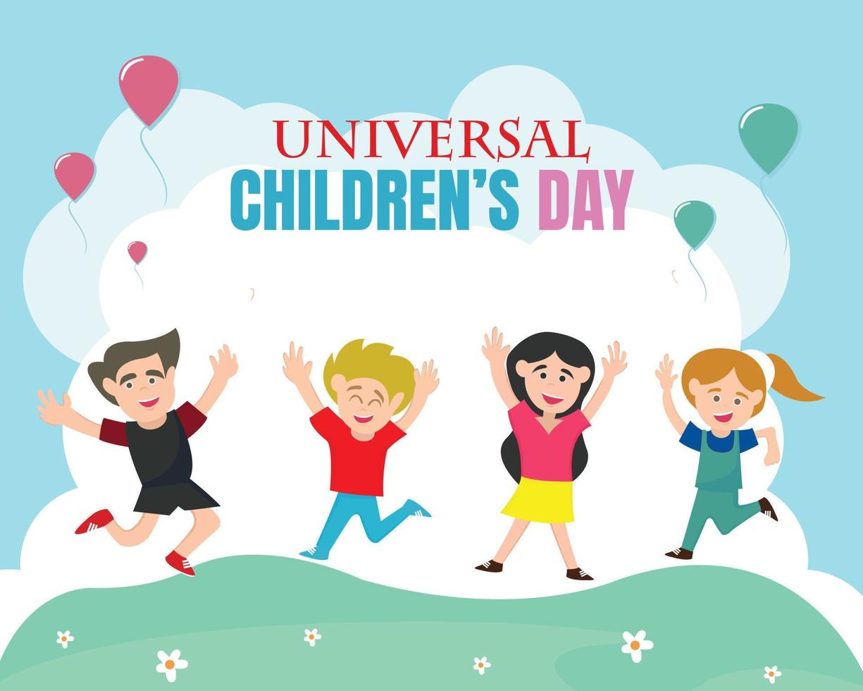 illustrazione vettore grafico di quattro bambini rallegrarsi nel il mezzo di il campo, Perfetto per internazionale giorno, universale bambini giorno, celebrare, saluto carta, eccetera.