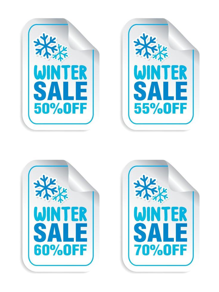 inverno vendita adesivi impostato con fiocchi di neve. inverno vendita 50, 55, 60, 70 via vettore