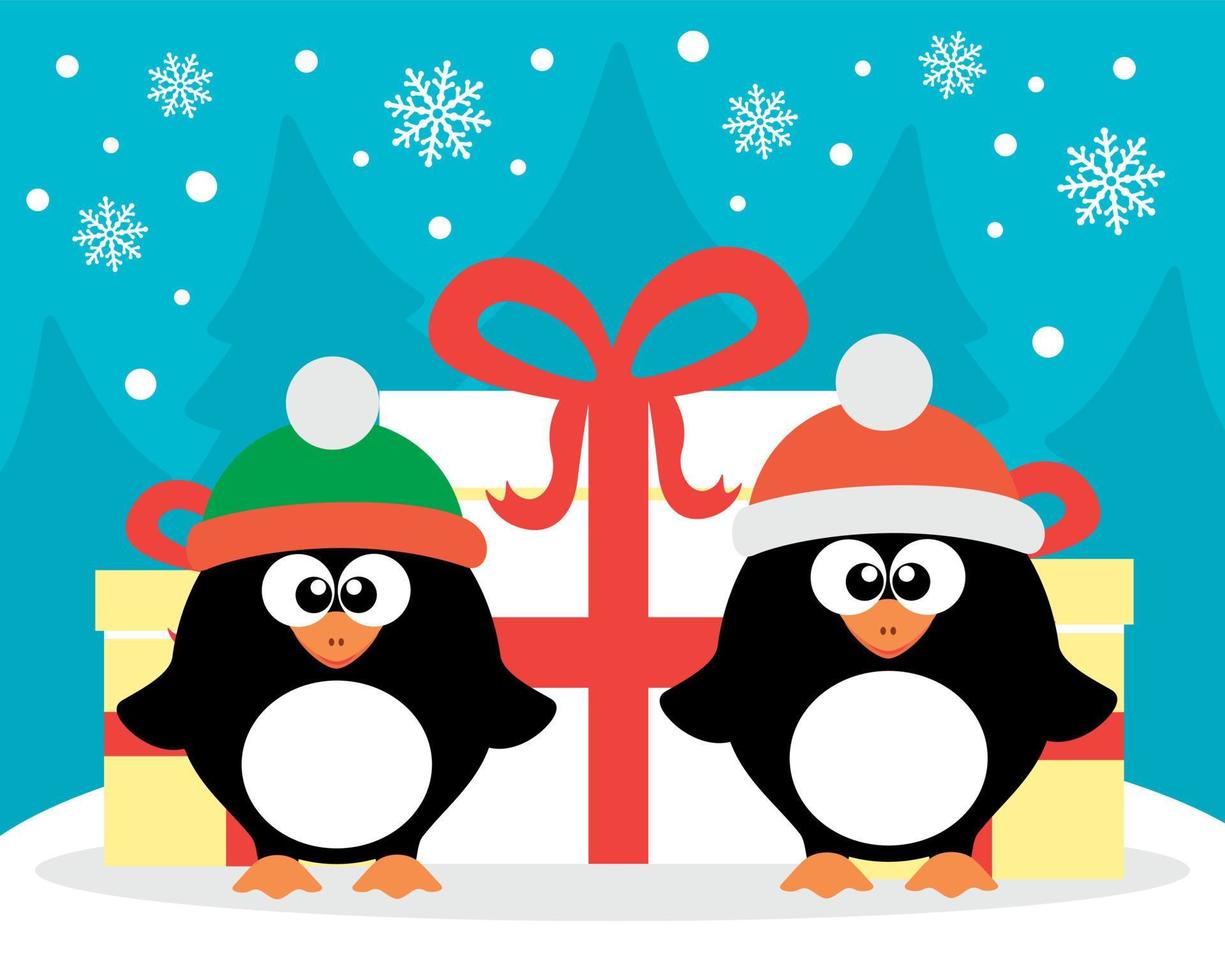 contento nuovo anno carta con pinguino Santa Claus e pinguino elfo vettore