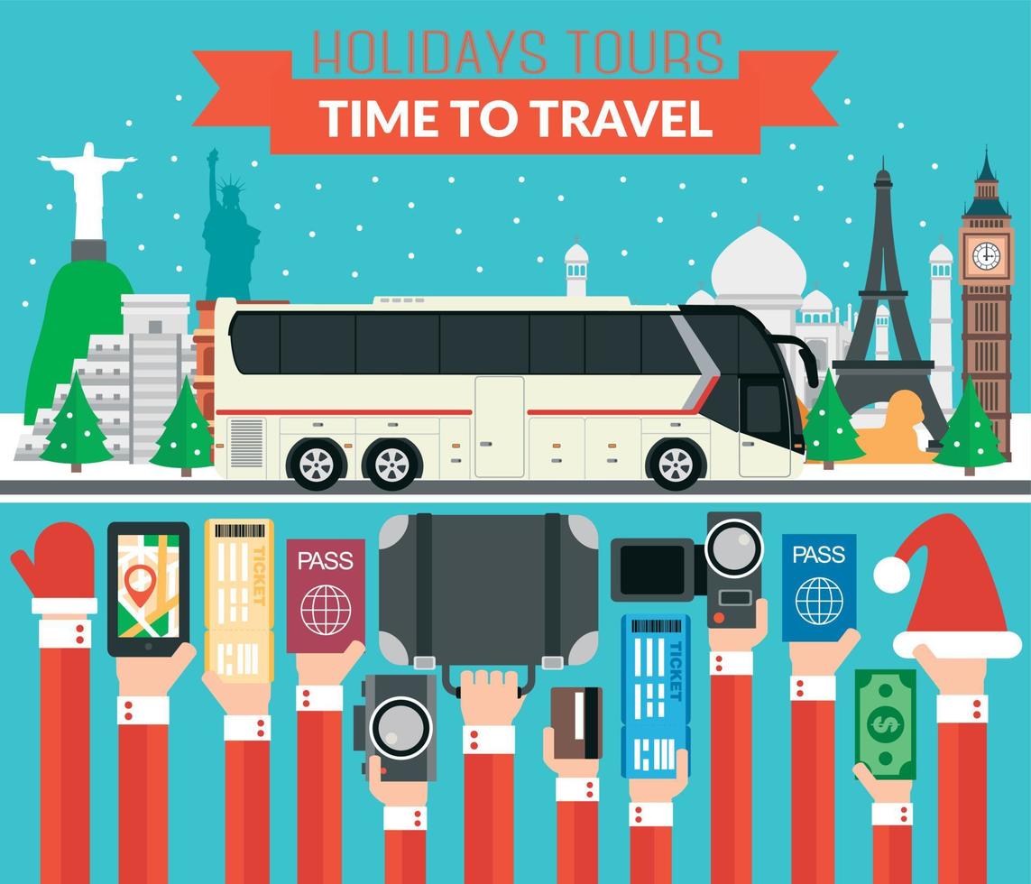 nuovo anno vacanze mondo tour design piatto con turista autobus vettore