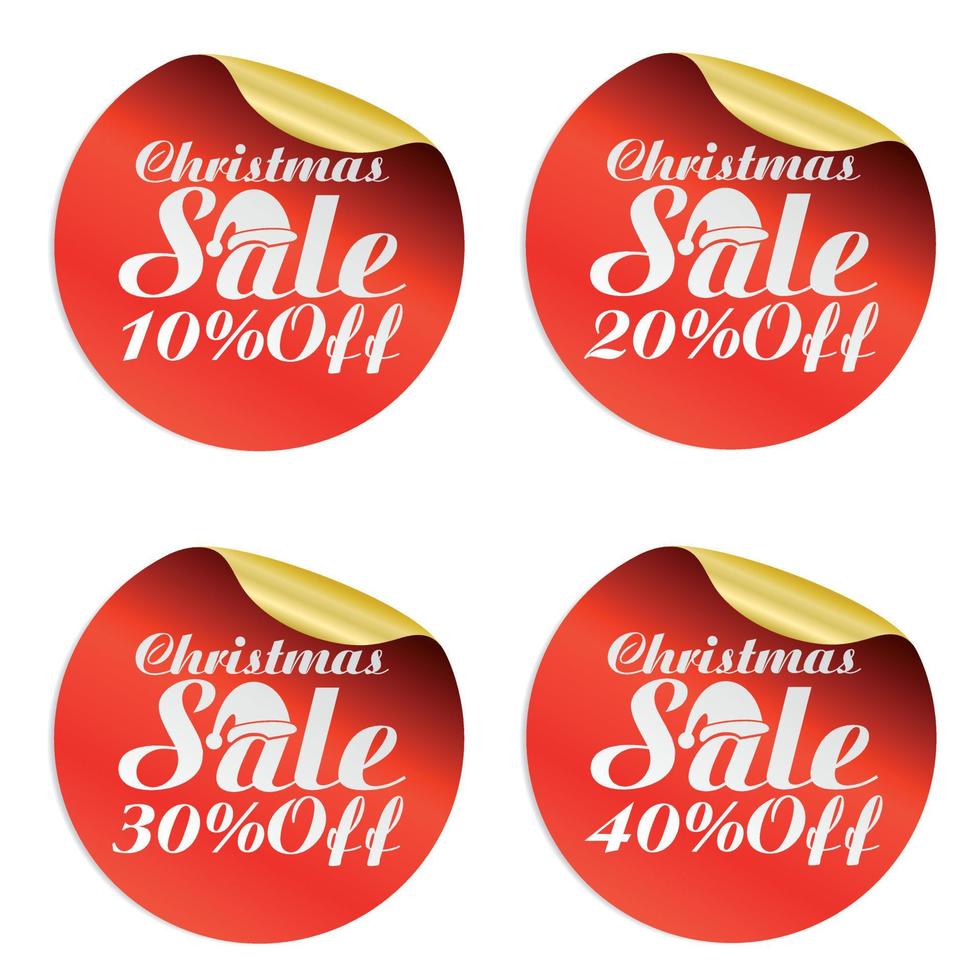 Natale vendita adesivi impostato 10, 20, 30, 40 via con Santa Claus cappello vettore