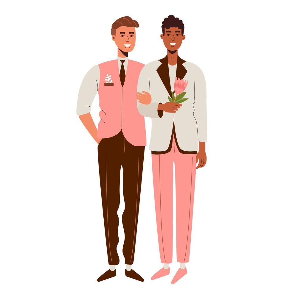 Due gay uomini nel rosa abiti. lgbt nozze. Congratulazioni per il Novelli sposi. amore e orgoglio vettore