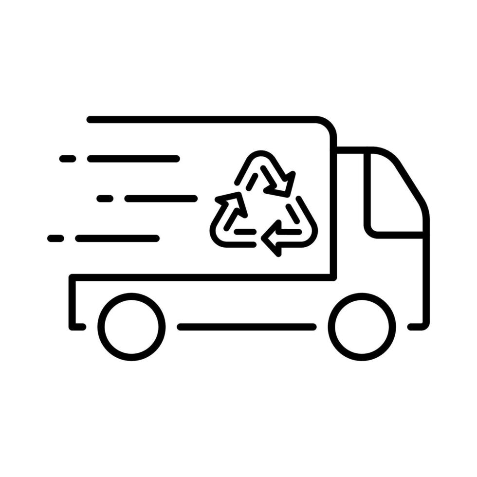veloce spazzatura auto per mezzi di trasporto ecologia spazzatura linea icona. rifiuto camion con riciclare simbolo. spazzatura camion per sciocchezze disposizione servizio lineare pittogramma. modificabile ictus. isolato vettore illustrazione.