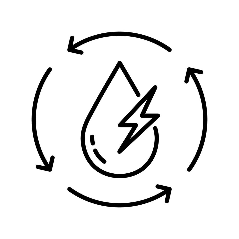 idroelettrico eco verde energia cartello. rinnovabile energia idroelettrica concetto goccia d'acqua con fulmine e frecce linea icona. acqua elettricità energia pittogramma. modificabile ictus. isolato vettore illustrazione.