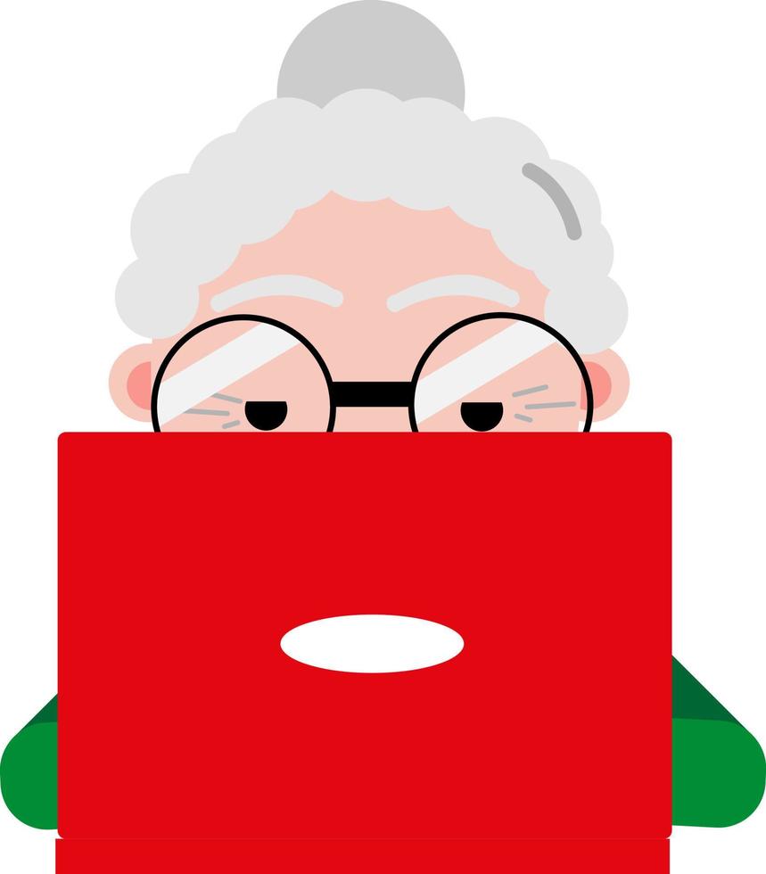 vecchio donna con rosso computer portatile, illustrazione, vettore su un' bianca sfondo.