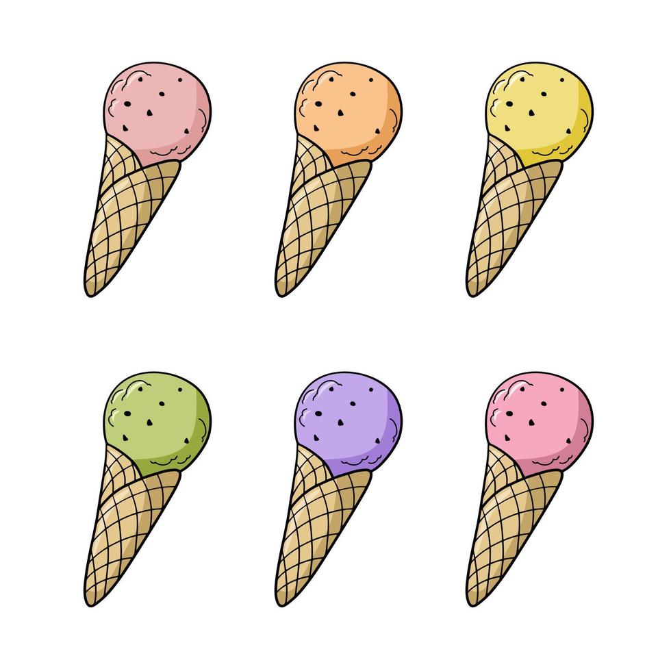 un' impostato di colorato icone, freddo frutta ghiaccio crema nel un' cialda cono con cioccolato patatine fritte, vettore illustrazione nel cartone animato stile su un' bianca sfondo