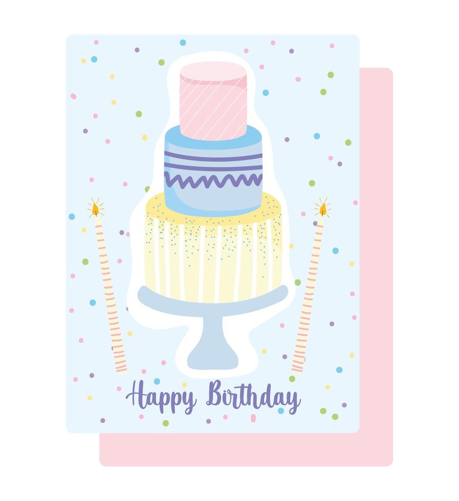 torta di buon compleanno in stand con carta di candele vettore