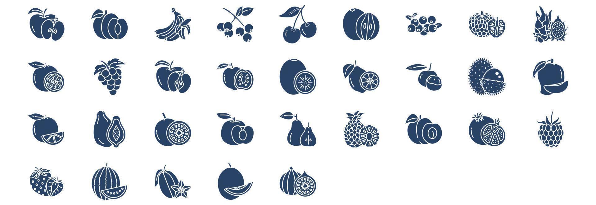 collezione di icone relazionato per frutta, Compreso icone piace mela, Banana, uva, Melograno, e di più. vettore illustrazioni, pixel Perfetto impostato