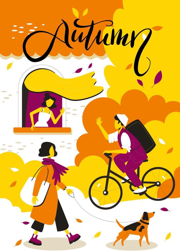 urbano autunno paesaggio. un' donna saluta a partire dal il finestra, un' consegna tipo su un' bicicletta e un' ragazza con un' cane vettore