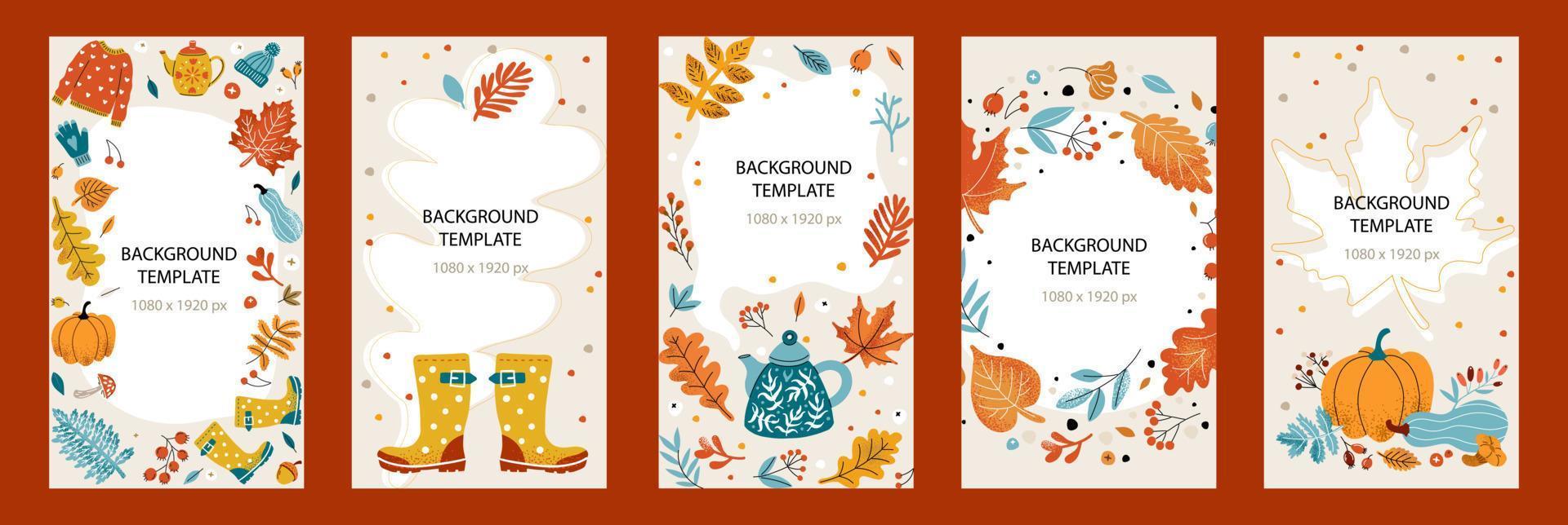 autunno modello 1080x1920 per storie. design con autunno accogliente foglie, teiera, maglione e copyspace su beige sfondo vettore